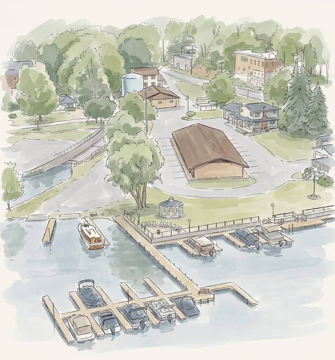 Hand-drawn illustration of Keuka Lakeside Inn — the long room building on its lawn, with the willow, gazebo and docks at the water's edge