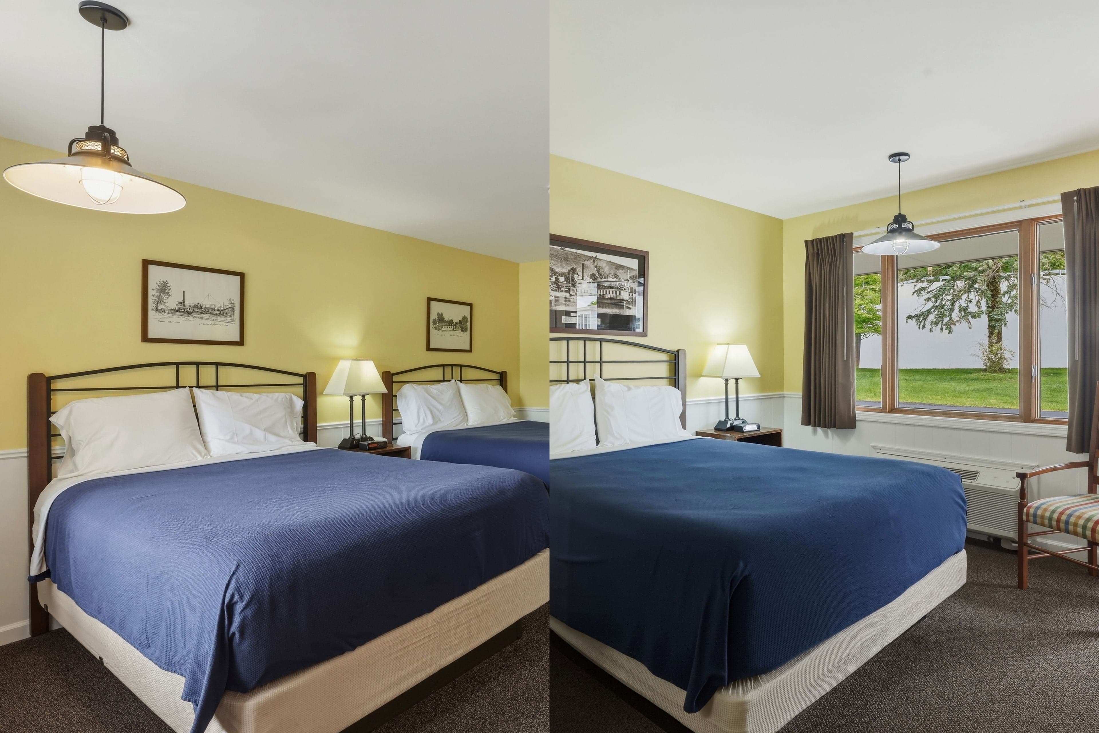 The two halves of an adjoining pair side by side — a single queen room and a double queen room