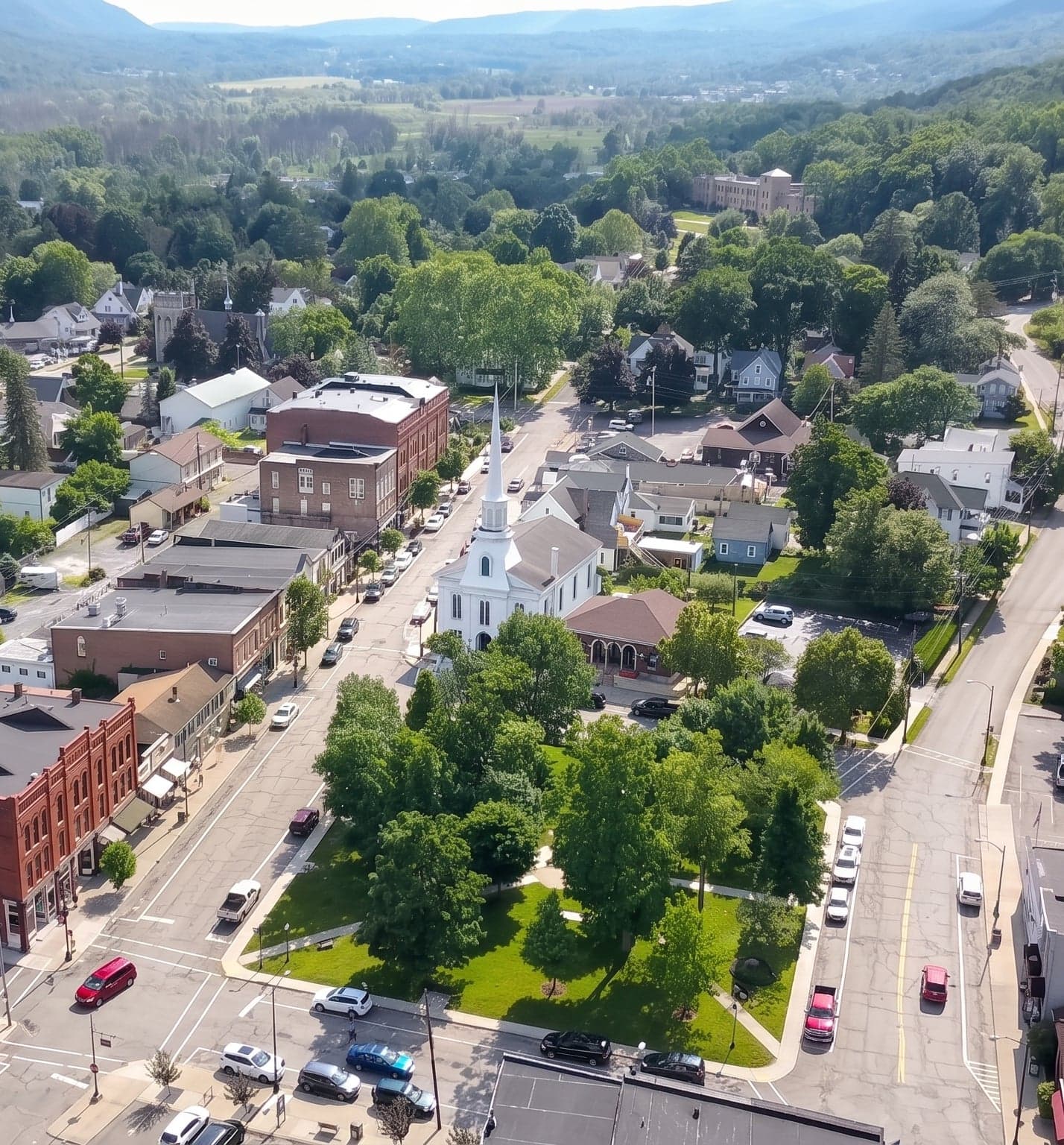 Hammondsport's village square from the air — the tree-shaded green, the white church and its steeple, and the brick storefronts of Main Street
